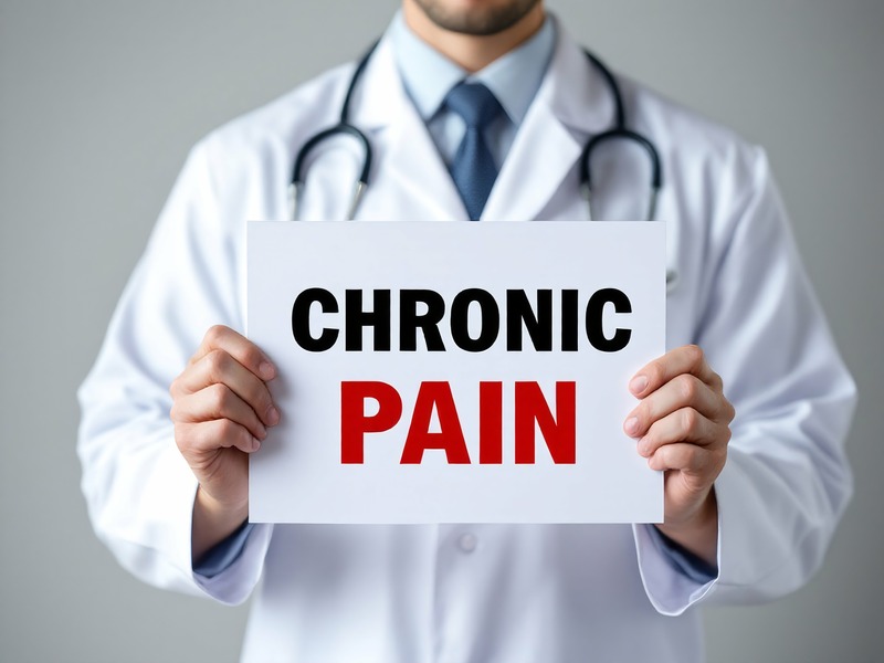 Photo of a doctor holding up a sign that reads: Chronic pain